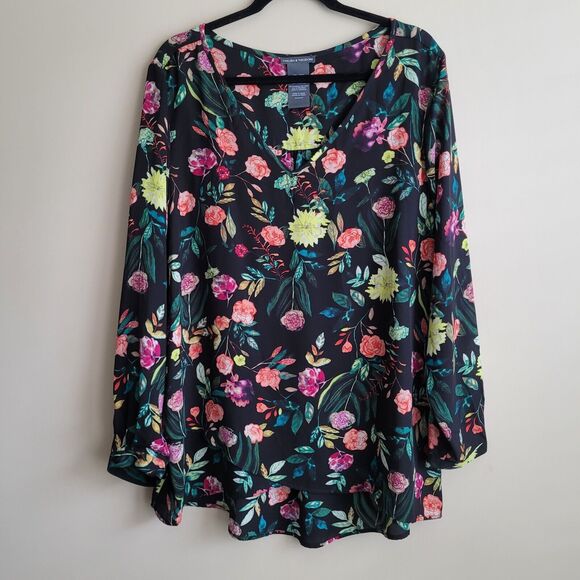 Chelsea & Theodore Womens Blouse Plus Size XXL Black Floral Print Crossover Hem - Picture 1 of 9